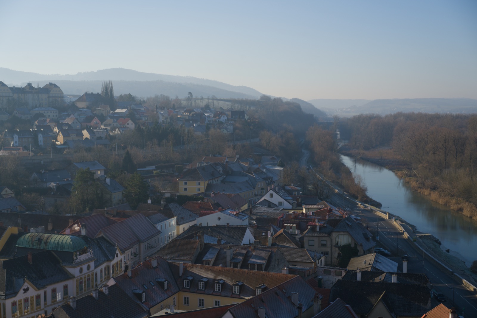 Morning haze over the town and the Danube seen from above