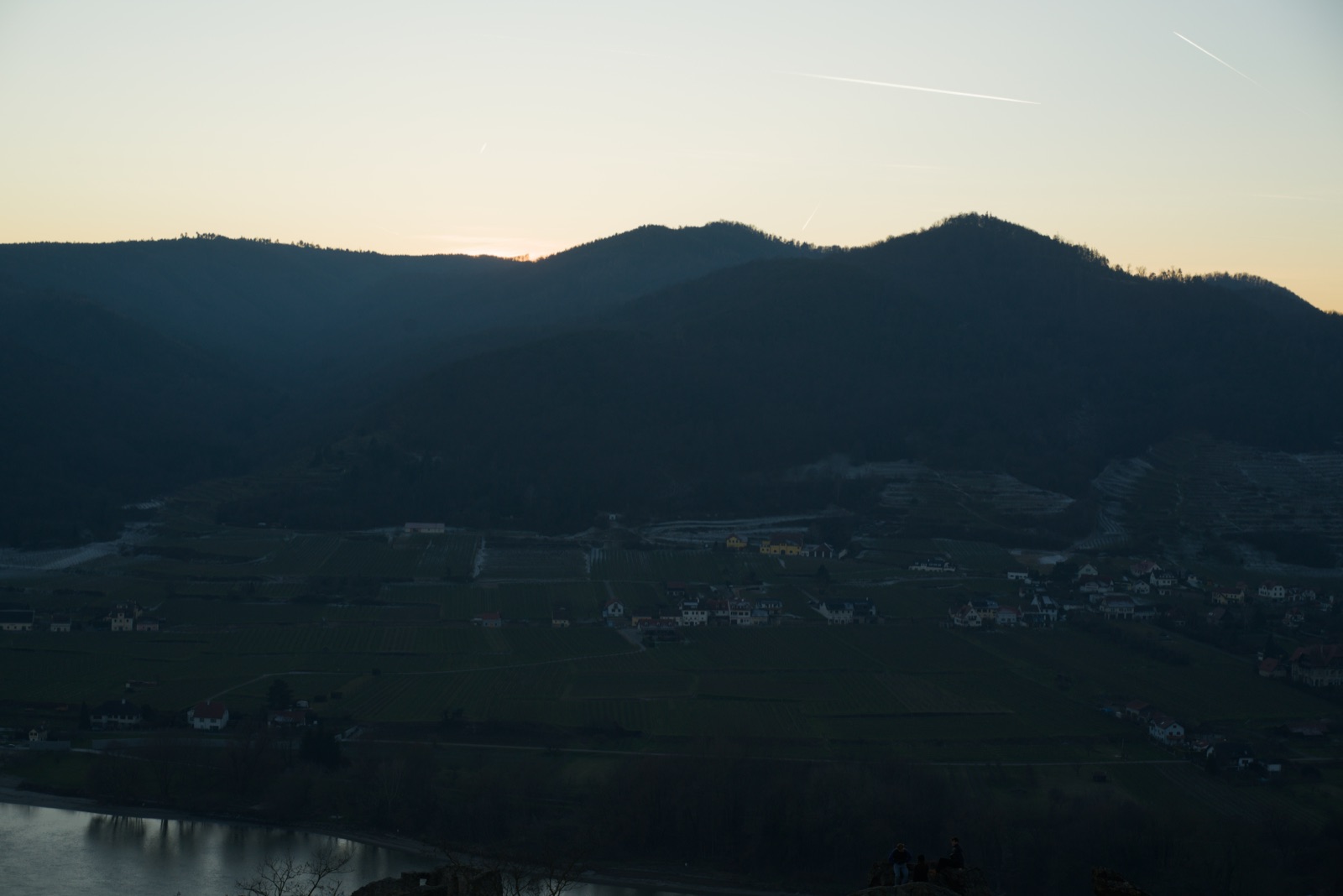 Dusk silhouettes of hills over the Danube valley
