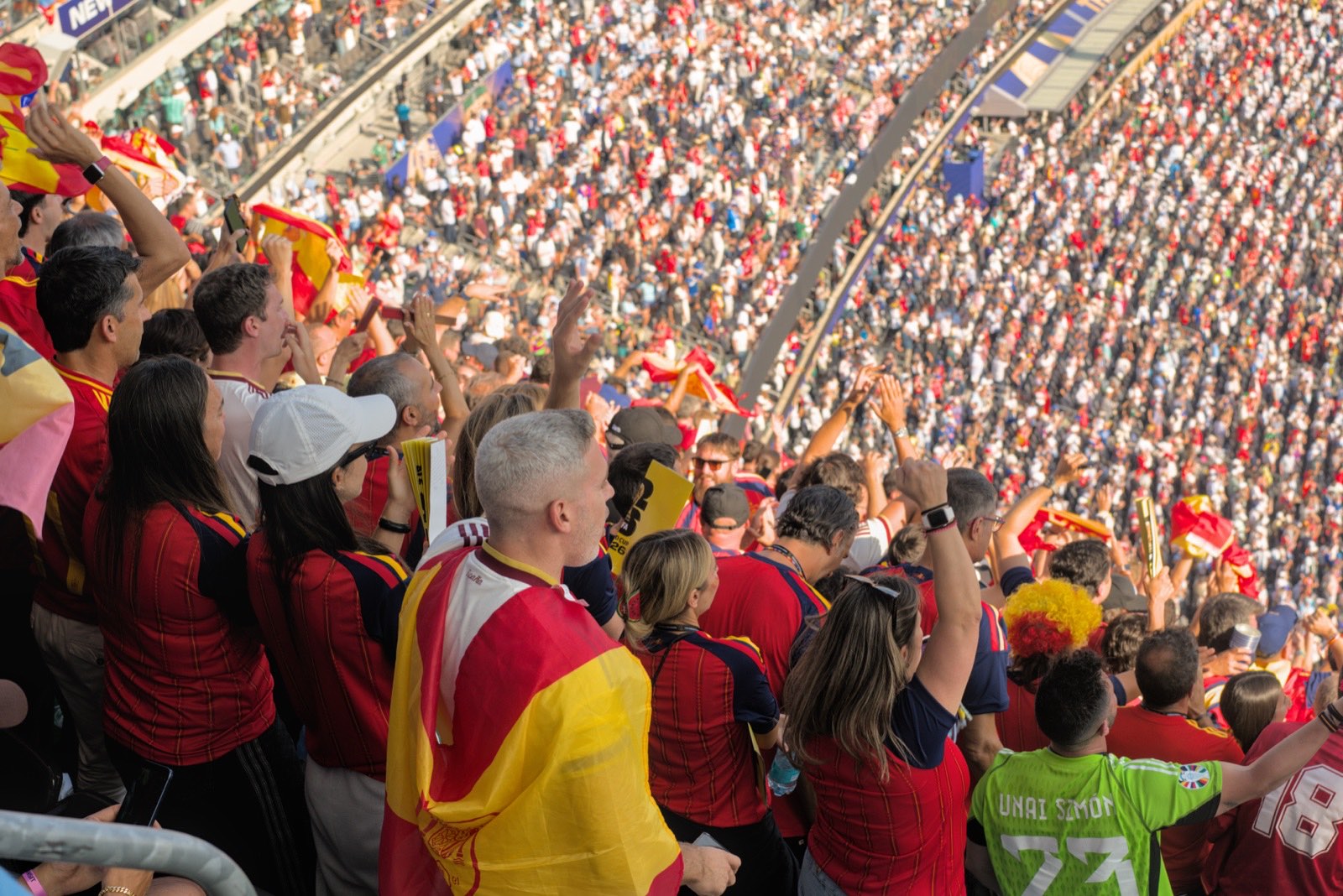 Spain supporters celebrating with flags in the stands