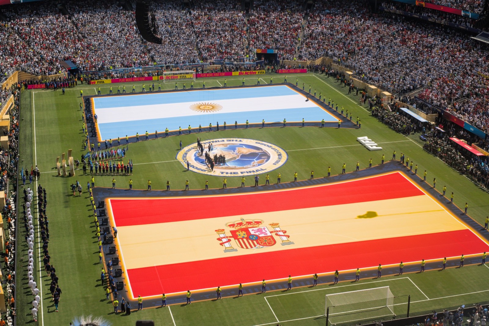 Giant Argentina and Spain flags unfurled across the pitch during the opening ceremony
